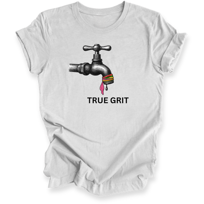 Ash t-shirt with a graphic of a faucet and colorful character, and 'True Grit' text on a white background.