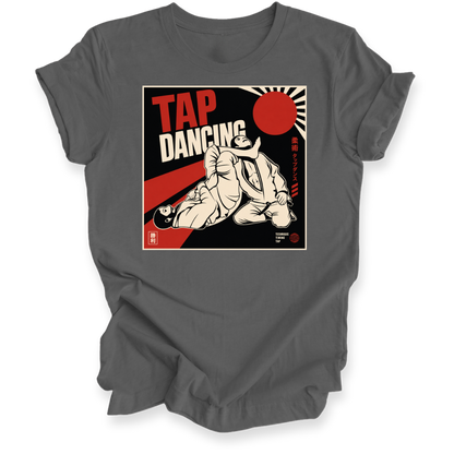 A dark gray short-sleeve crewneck t-shirt with a vintage-style graphic print on the chest reading 'TAP DANCING' in red and white, featuring an illustration of two BJJ fighters and a red rising sun.