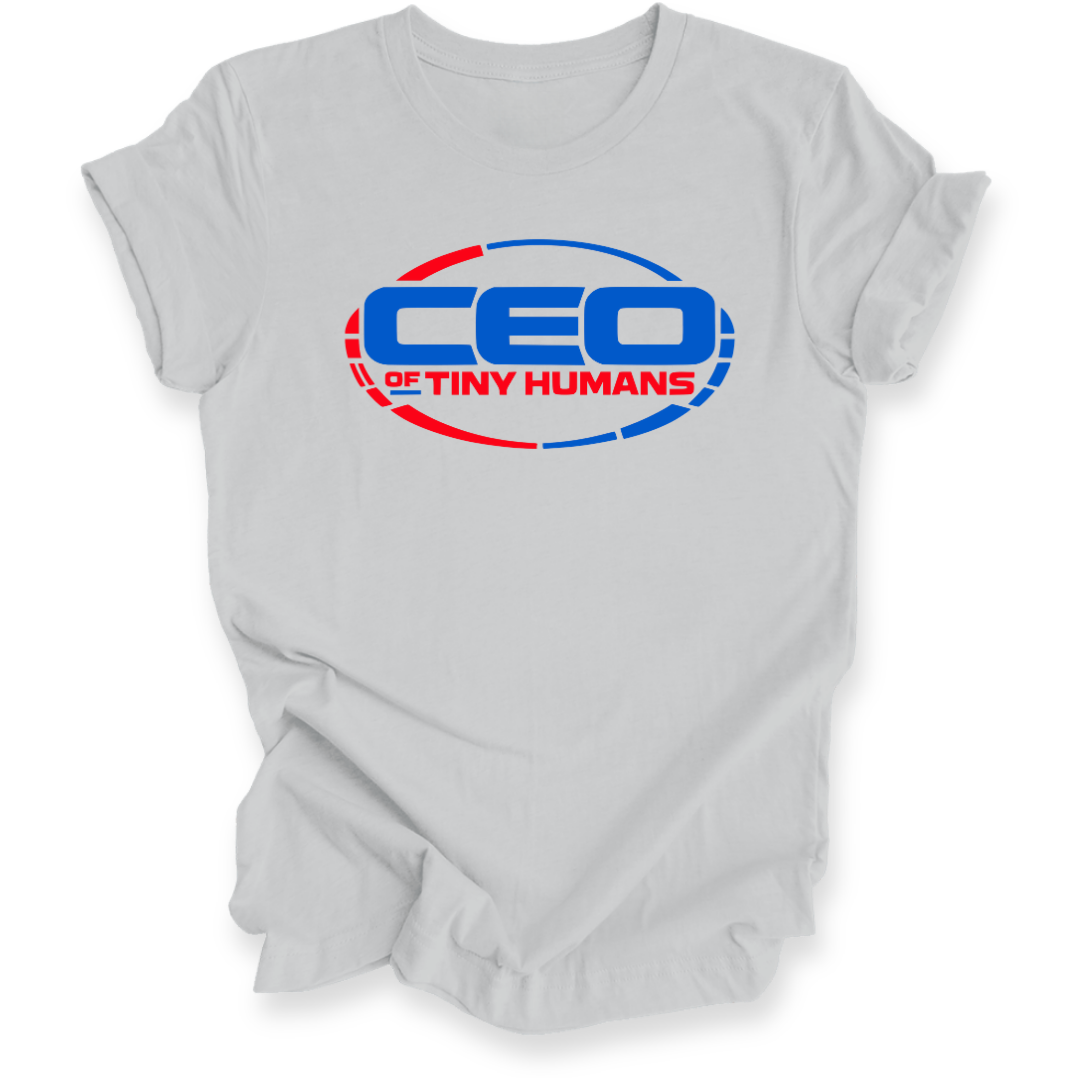 A light gray short-sleeve t-shirt with a graphic print on the chest reading 'CEO OF TINY HUMANS' in blue and red inside an oval design.