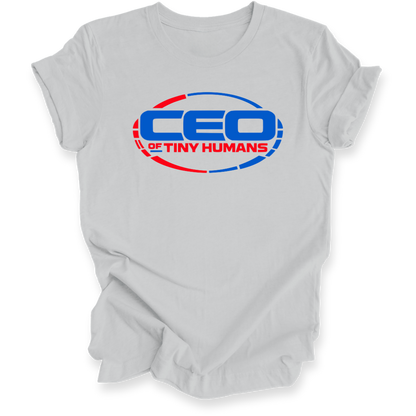 A light gray short-sleeve t-shirt with a graphic print on the chest reading 'CEO OF TINY HUMANS' in blue and red inside an oval design.