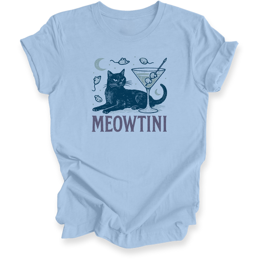 A light blue short-sleeve t-shirt with a graphic of a cat lounging next to a martini glass, with the text 'MEOWTINI' printed below in a dark purple font.