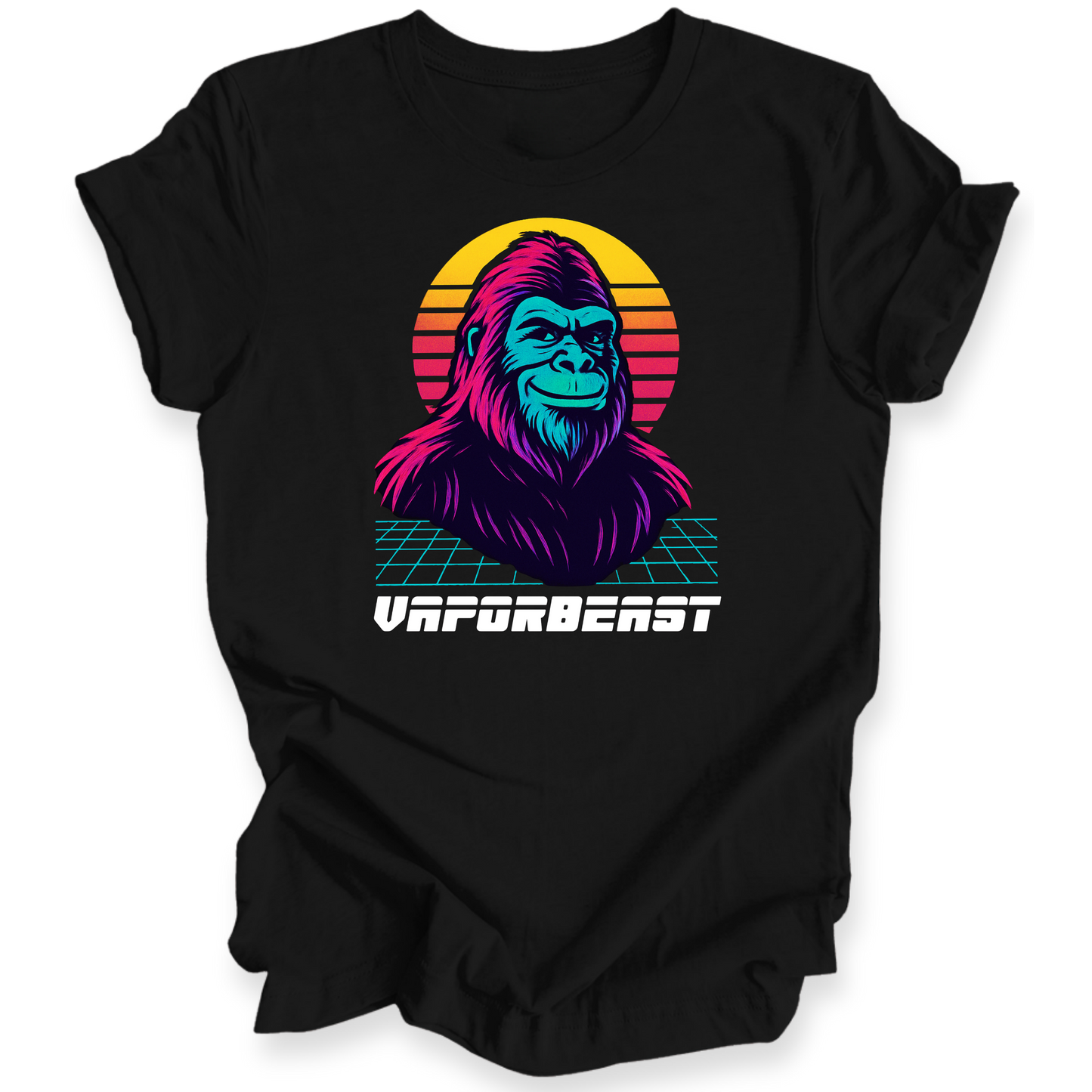 Black t-shirt with a colorful graphic of an ape and 'Vapourbeast' text on a white background