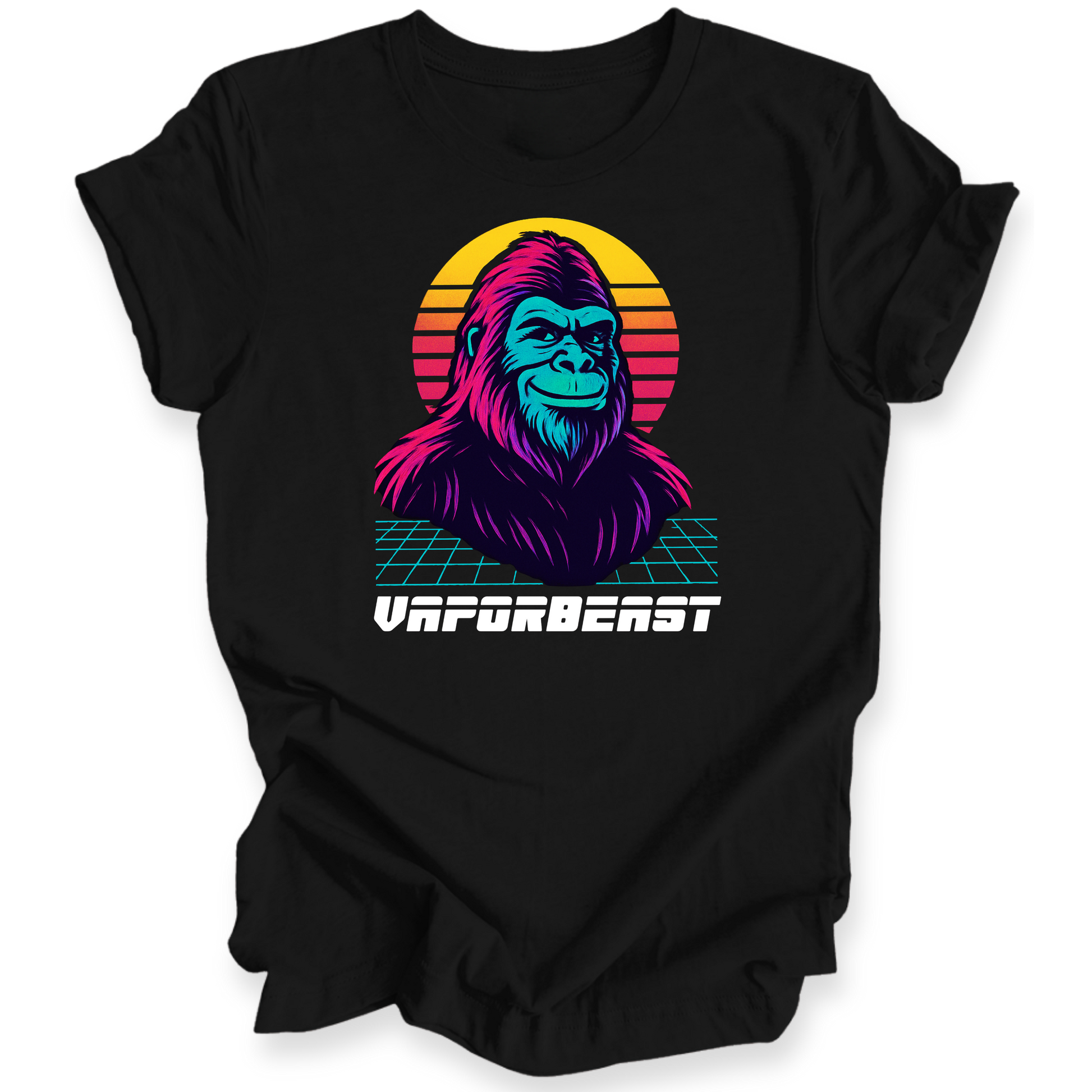 Black t-shirt with a colorful graphic of an ape and 'Vapourbeast' text on a white background