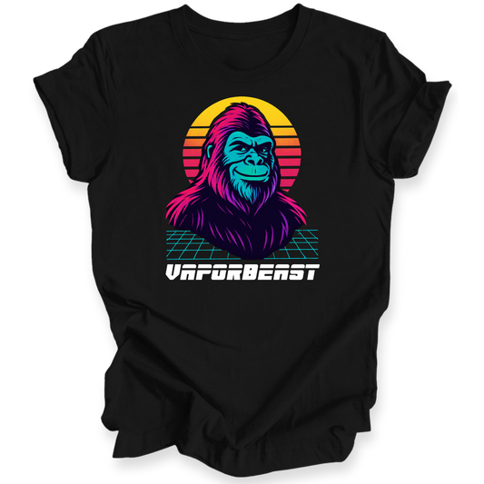 Black t-shirt with a colorful graphic of an ape and 'Vapourbeast' text on a white background