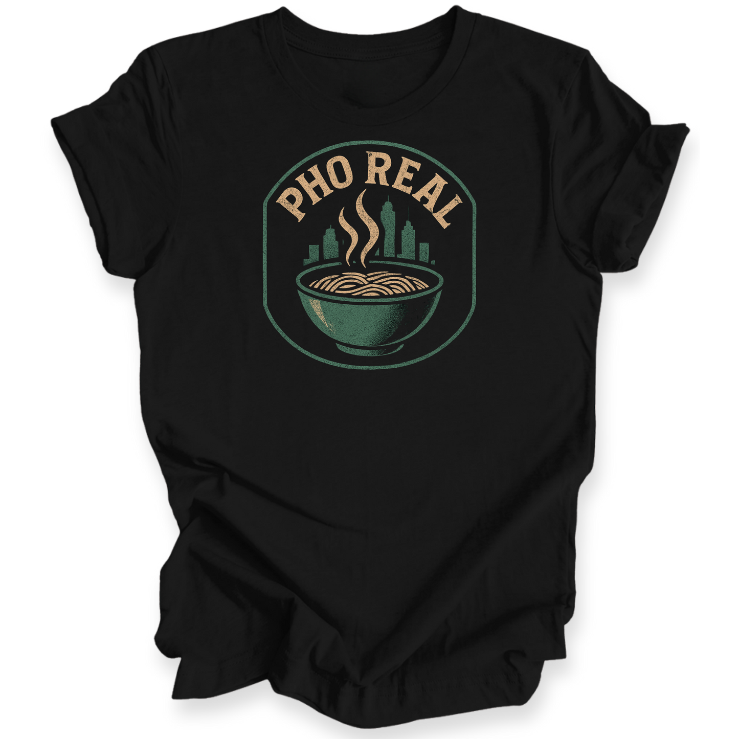 Black t-shirt with 'Pho Real' graphic design on a white background