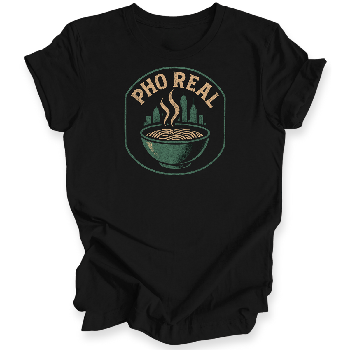 Black t-shirt with 'Pho Real' graphic design on a white background
