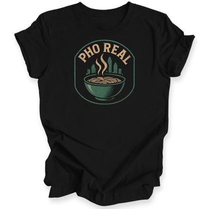 Black t-shirt with 'Pho Real' graphic design on a white background