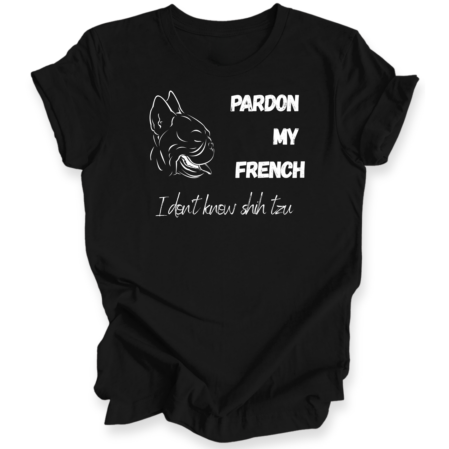 Black t-shirt with white text and dog illustration on a white background