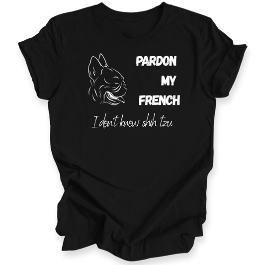 Black t-shirt with white text and dog illustration on a white background
