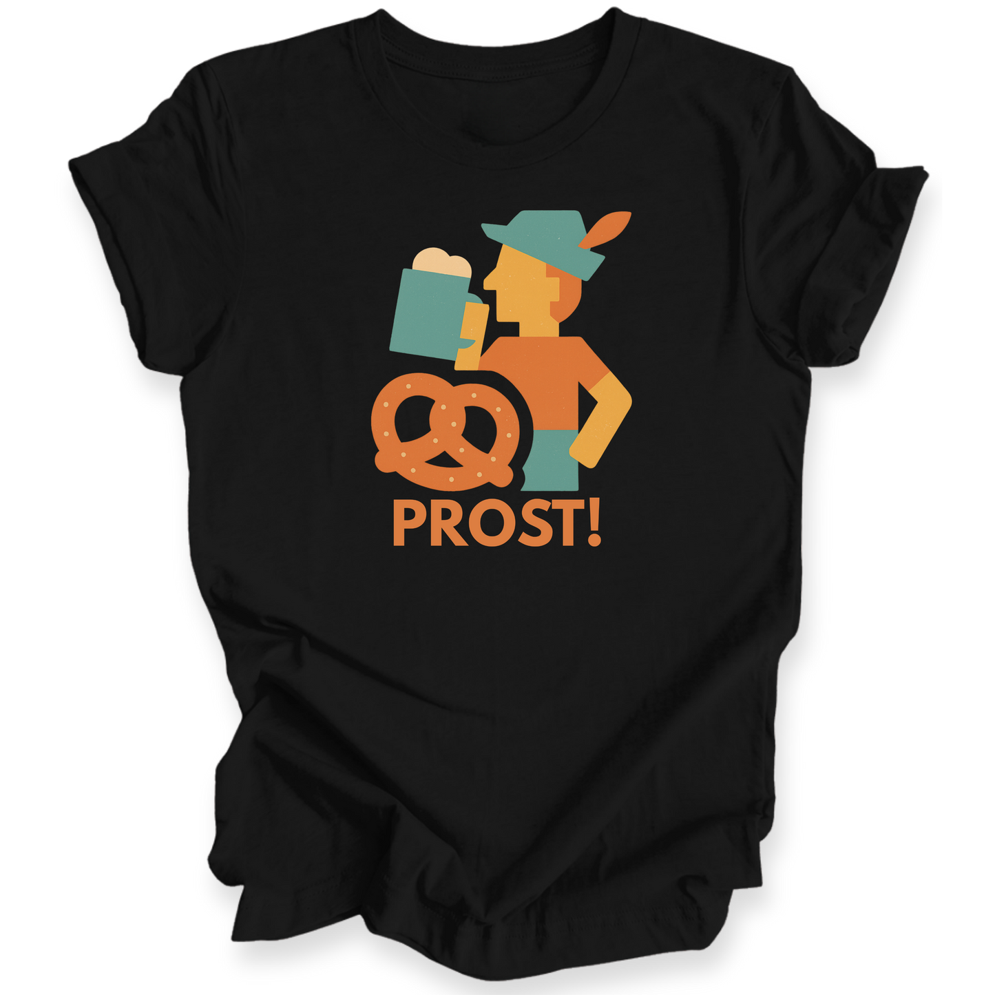 Black t-shirt with a graphic design of a person holding a beer mug and pretzel, with 'PROST!' text, on a white background.