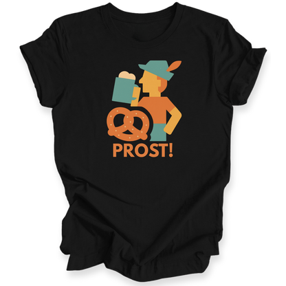Black t-shirt with a graphic design of a person holding a beer mug and pretzel, with 'PROST!' text, on a white background.