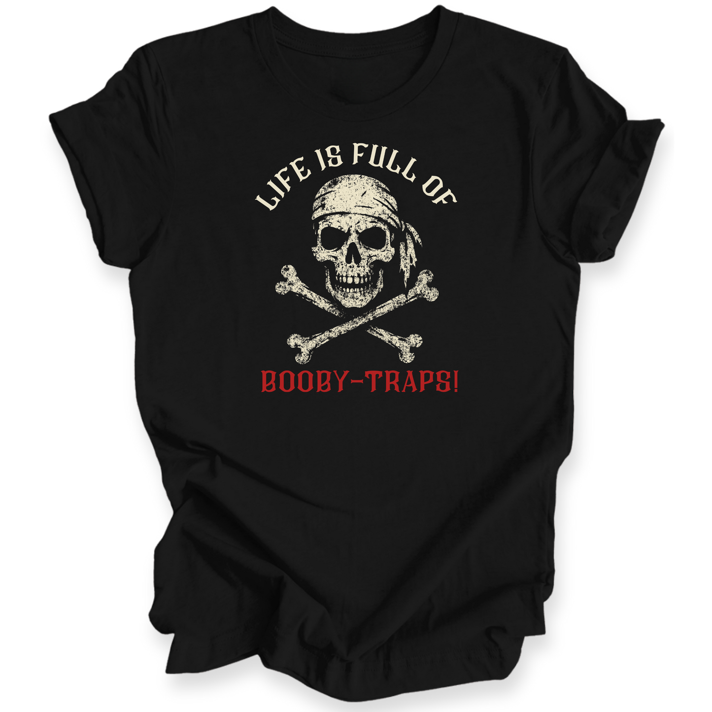Black t-shirt with skull and crossbones design and text on a white background