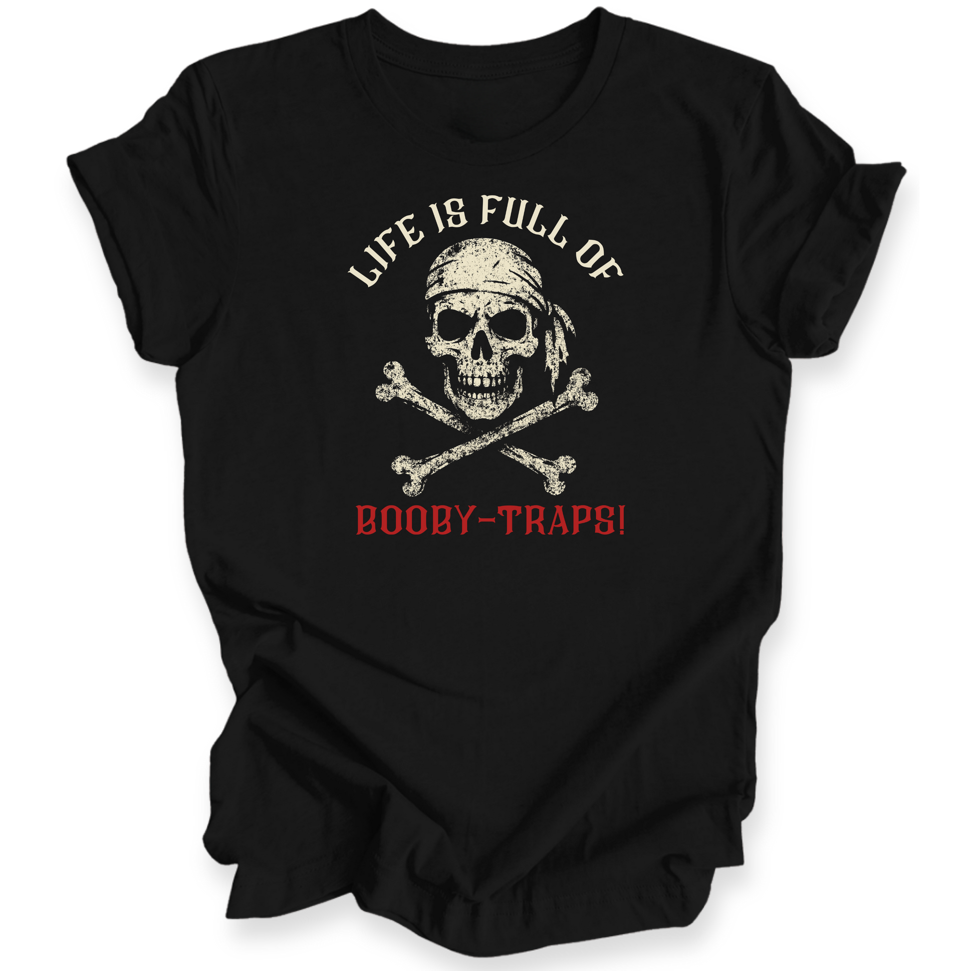 Black t-shirt with skull and crossbones design and text on a white background