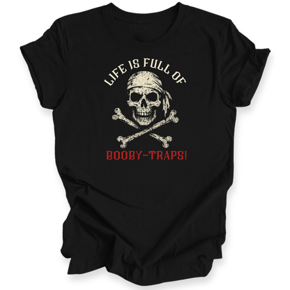 Black t-shirt with skull and crossbones design and text on a white background