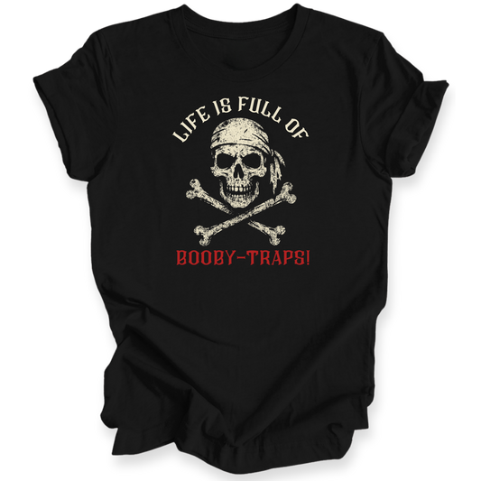 Black t-shirt with skull and crossbones design and text on a white background