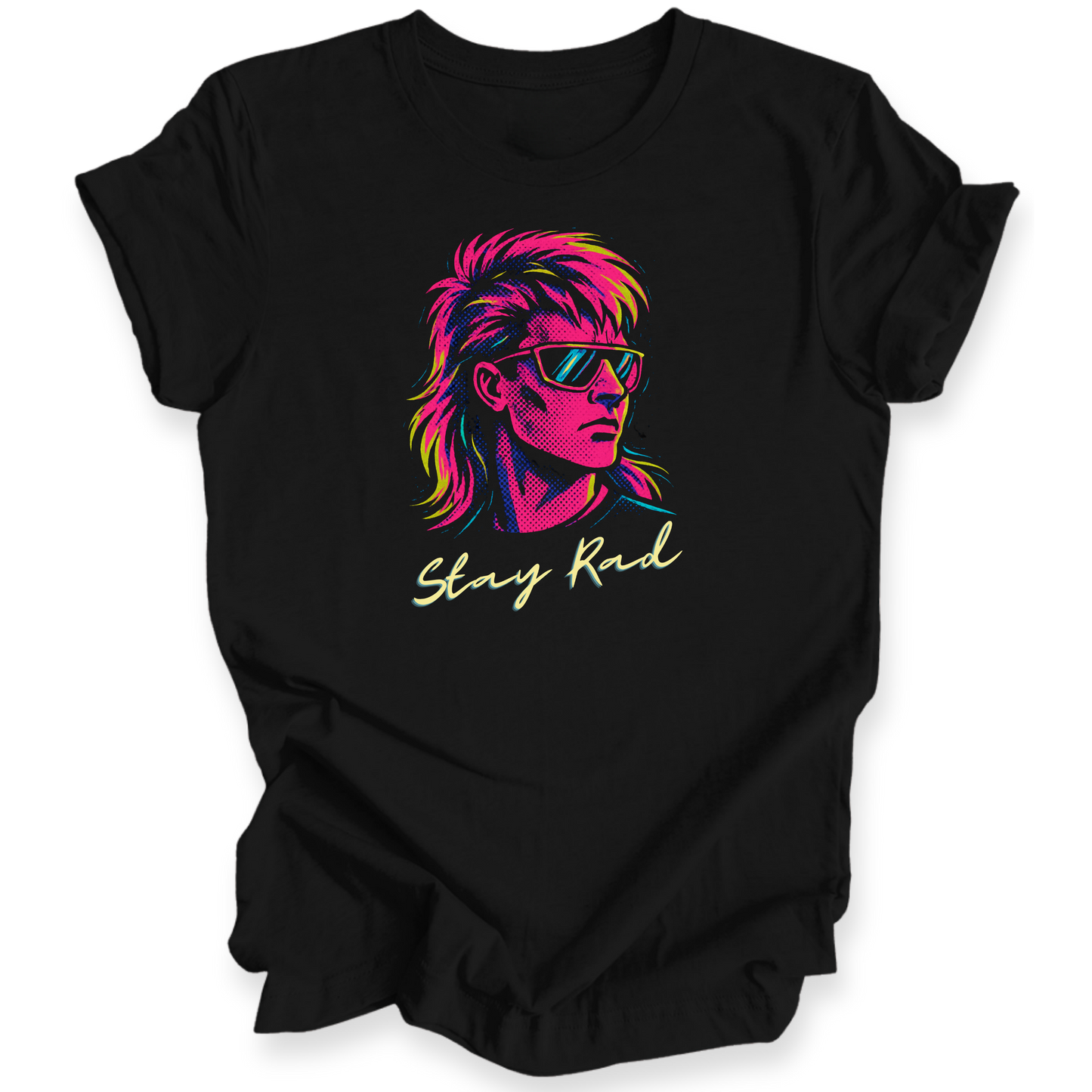 Black t-shirt with a colorful graphic of a person with sunglasses and the text 'Stay Rad' on a white background.
