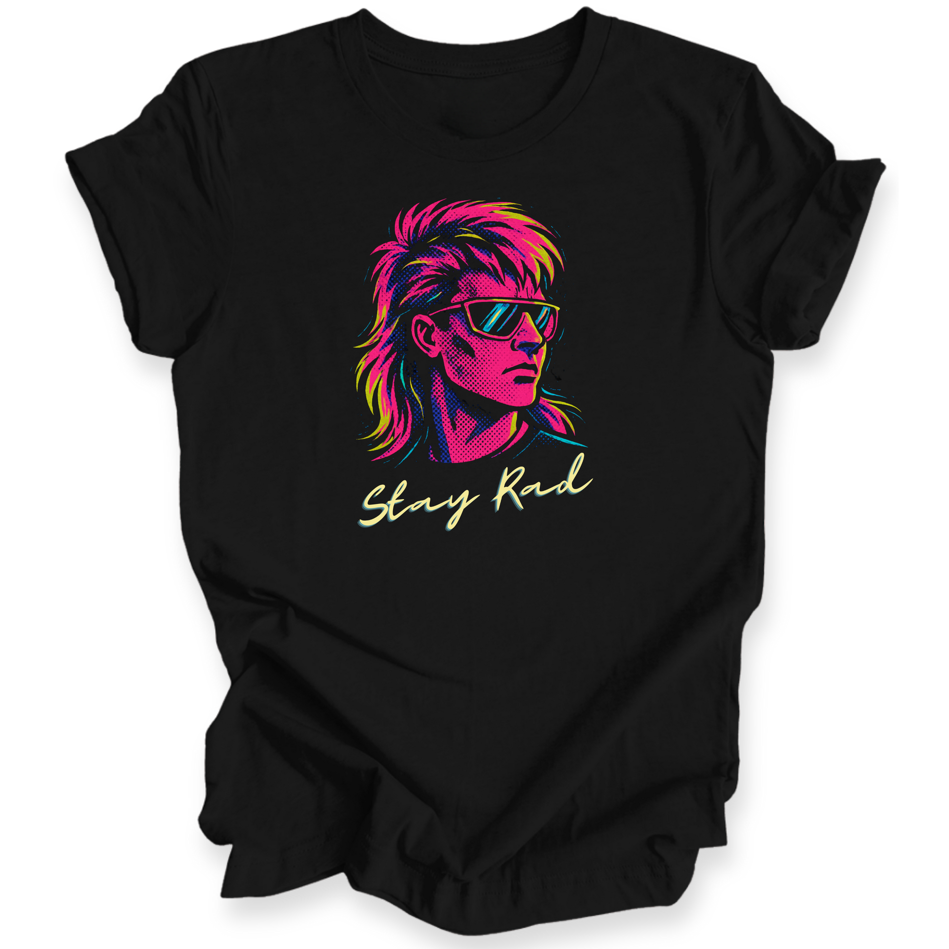 Black t-shirt with a colorful graphic of a person with sunglasses and the text 'Stay Rad' on a white background.