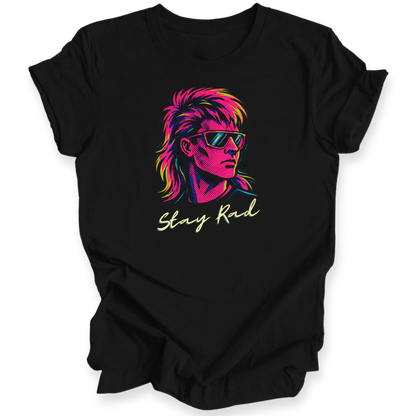 Black t-shirt with a colorful graphic of a person with sunglasses and the text 'Stay Rad' on a white background.