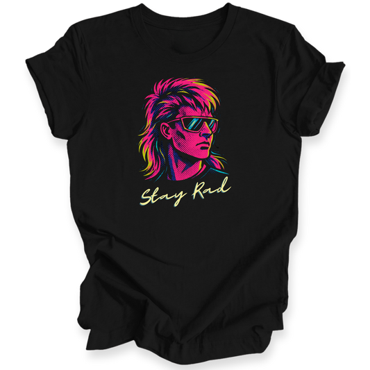 Black t-shirt with a colorful graphic of a person with sunglasses and the text 'Stay Rad' on a white background.