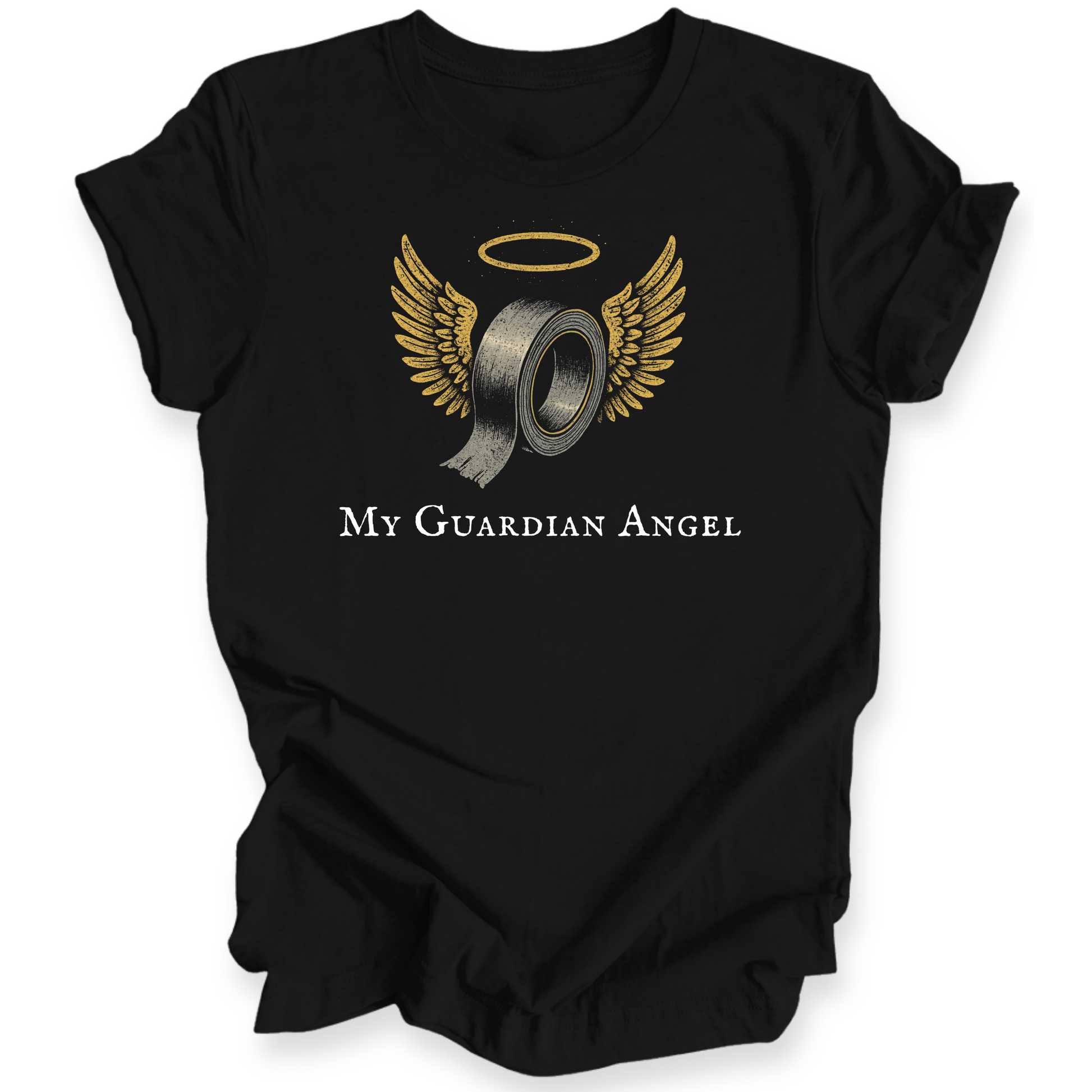 Black t-shirt with a graphic of duct tape with wings and a halo, labeled 'My Guardian Angel'.