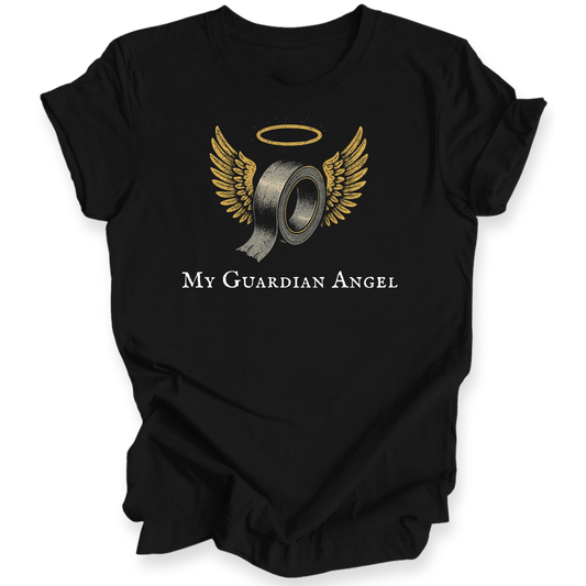 Black t-shirt with a graphic of duct tape with wings and a halo, labeled 'My Guardian Angel'.