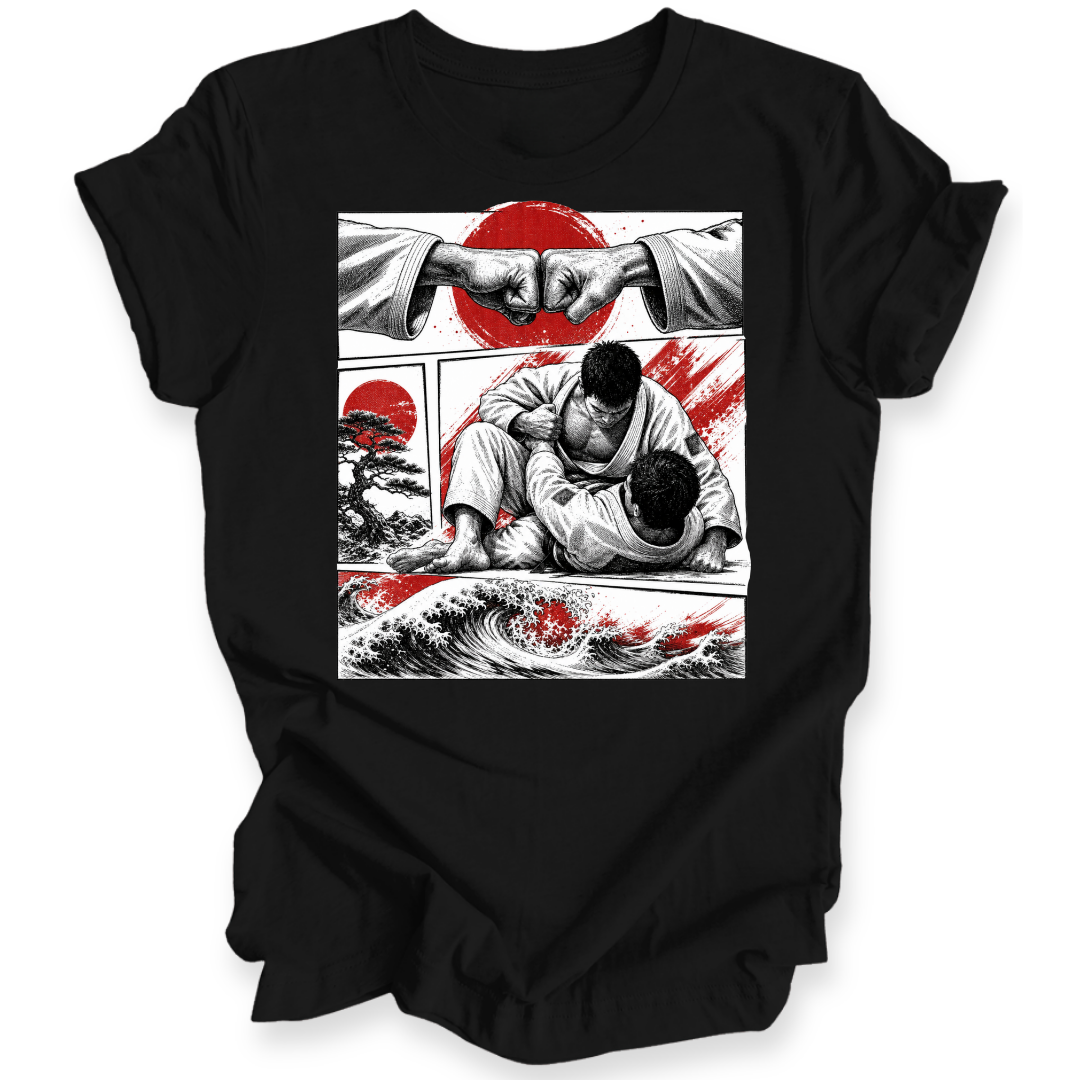 A black short-sleeve t-shirt with a large rectangular graphic print on the front, featuring a black and white illustration of two people in a martial arts pose with red accents, set against a plain white background.