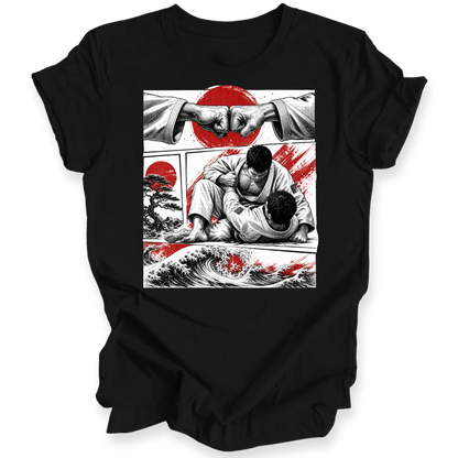 A black short-sleeve t-shirt with a large rectangular graphic print on the front, featuring a black and white illustration of two people in a martial arts pose with red accents, set against a plain white background.