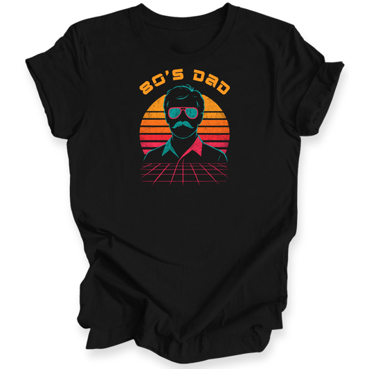 Black t-shirt with '80's Dad' graphic design on a white background