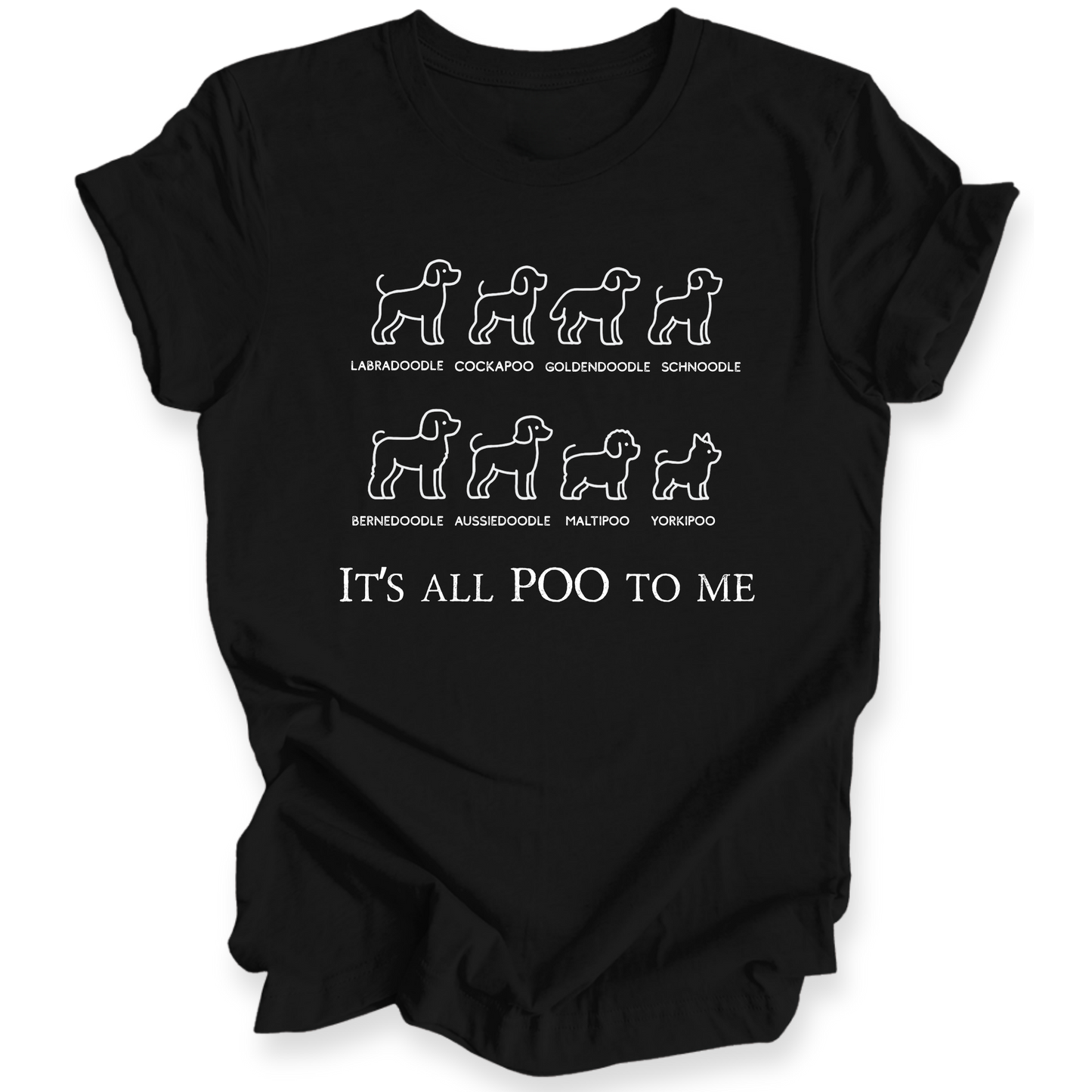 Black t-shirt with white text and dog illustrations on a white background