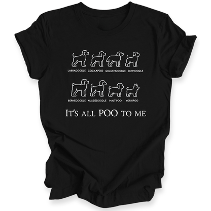 Black t-shirt with white text and dog illustrations on a white background