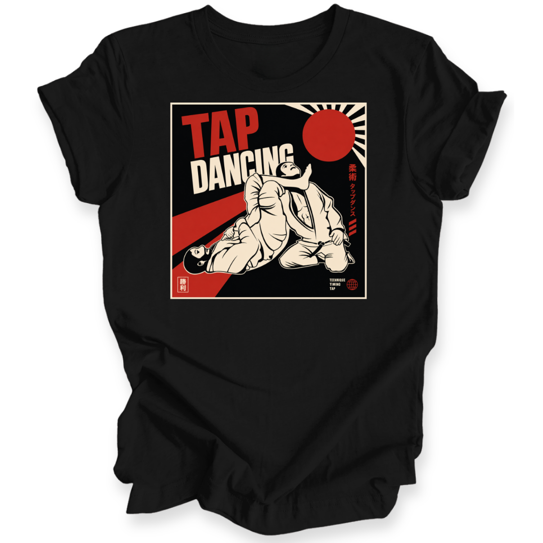 A black short-sleeve crewneck t-shirt with a vintage-style graphic print on the chest reading 'TAP DANCING' in red and white, featuring an illustration of two BJJ fighters and a red rising sun.