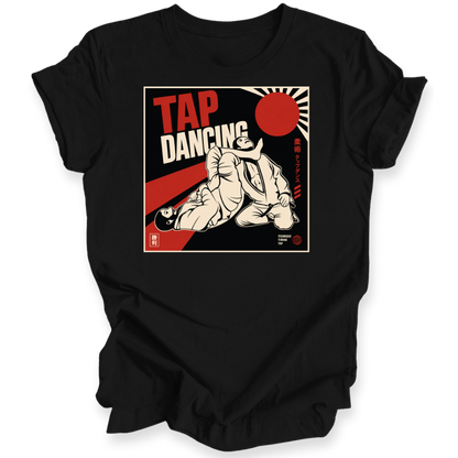 A black short-sleeve crewneck t-shirt with a vintage-style graphic print on the chest reading 'TAP DANCING' in red and white, featuring an illustration of two BJJ fighters and a red rising sun.