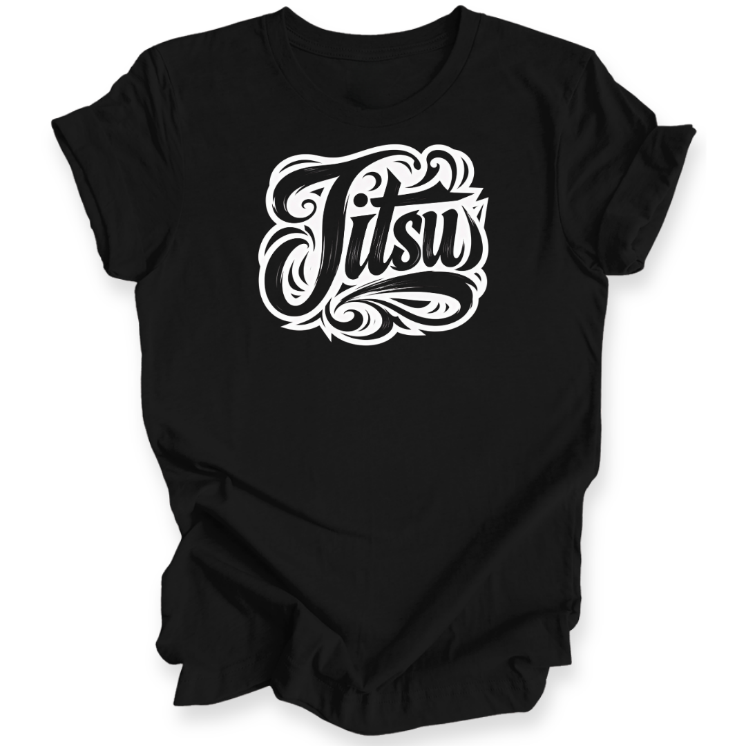 A black short-sleeve t-shirt with a stylized white 'Jitsu' graphic printed on the chest, displayed against a solid white background.