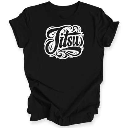 A black short-sleeve t-shirt with a stylized white 'Jitsu' graphic printed on the chest, displayed against a solid white background.