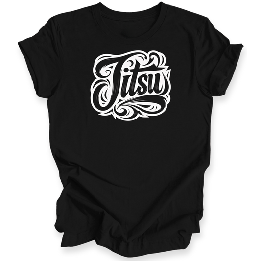 A black short-sleeve t-shirt with a stylized white 'Jitsu' graphic printed on the chest, displayed against a solid white background.
