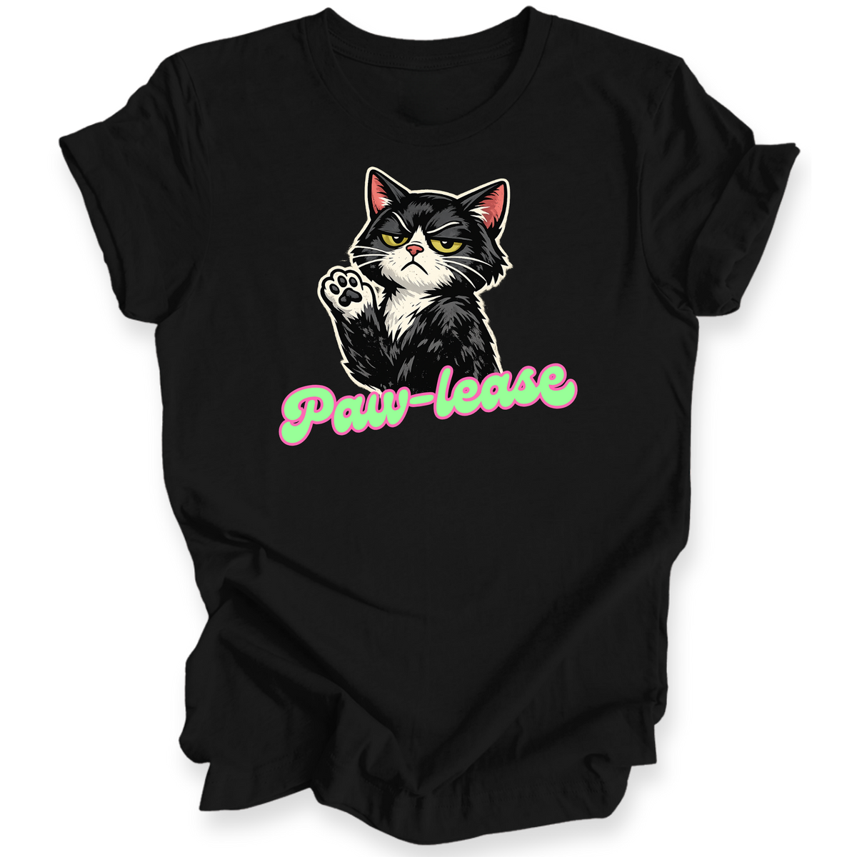 A black short-sleeve t-shirt with a graphic of a black and white cat giving a middle finger, with the text 'Paw-lease' written below in a pink and green outline font, shown on a plain white background.