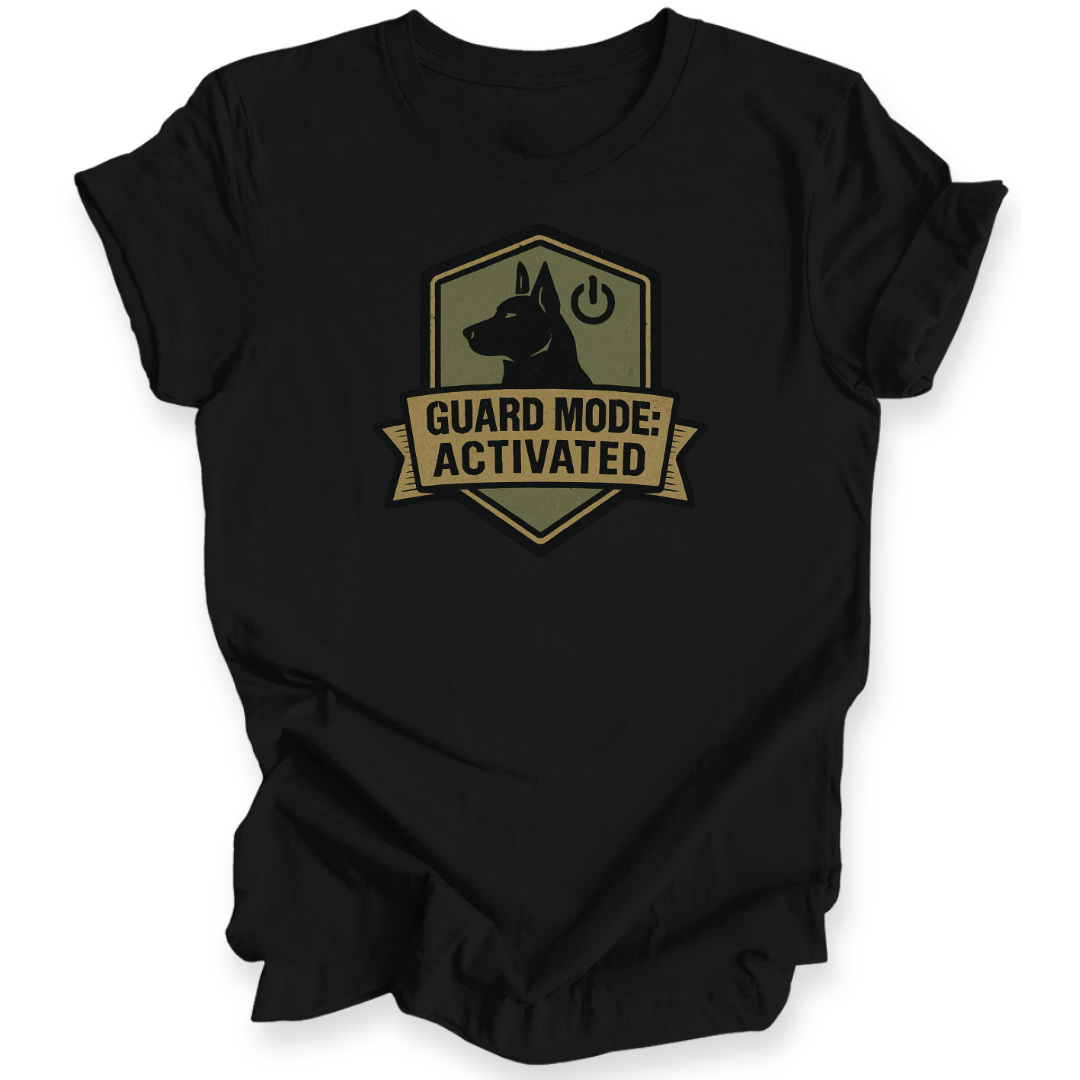 Black t-shirt with 'Guard Mode: Activated' graphic design on a white background