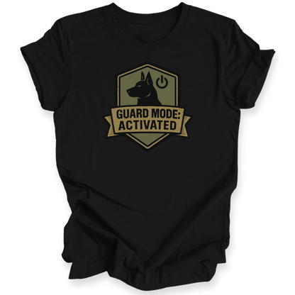 Black t-shirt with 'Guard Mode: Activated' graphic design on a white background
