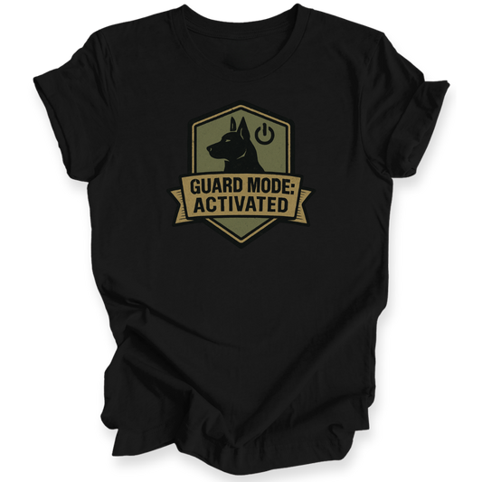 Black t-shirt with 'Guard Mode: Activated' graphic design on a white background