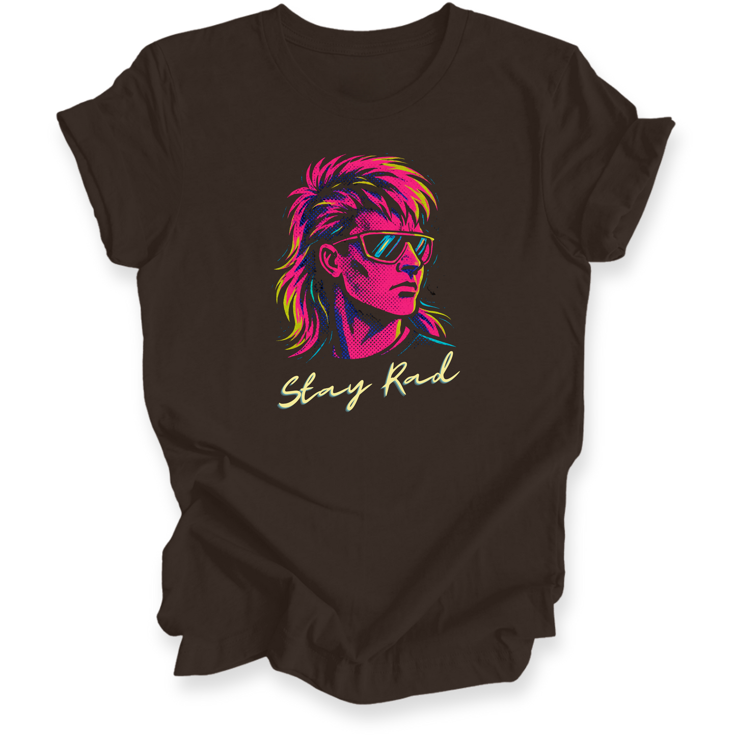 Black t-shirt with colorful graphic and 'Stay Rad' text on a white background