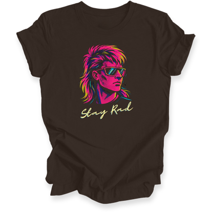 Black t-shirt with colorful graphic and 'Stay Rad' text on a white background