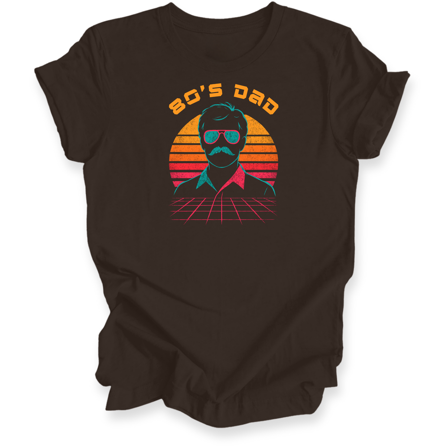 Brown t-shirt with '80's Dad' graphic design on a white background