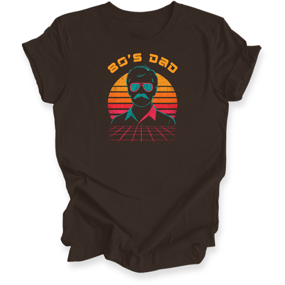 Brown t-shirt with '80's Dad' graphic design on a white background