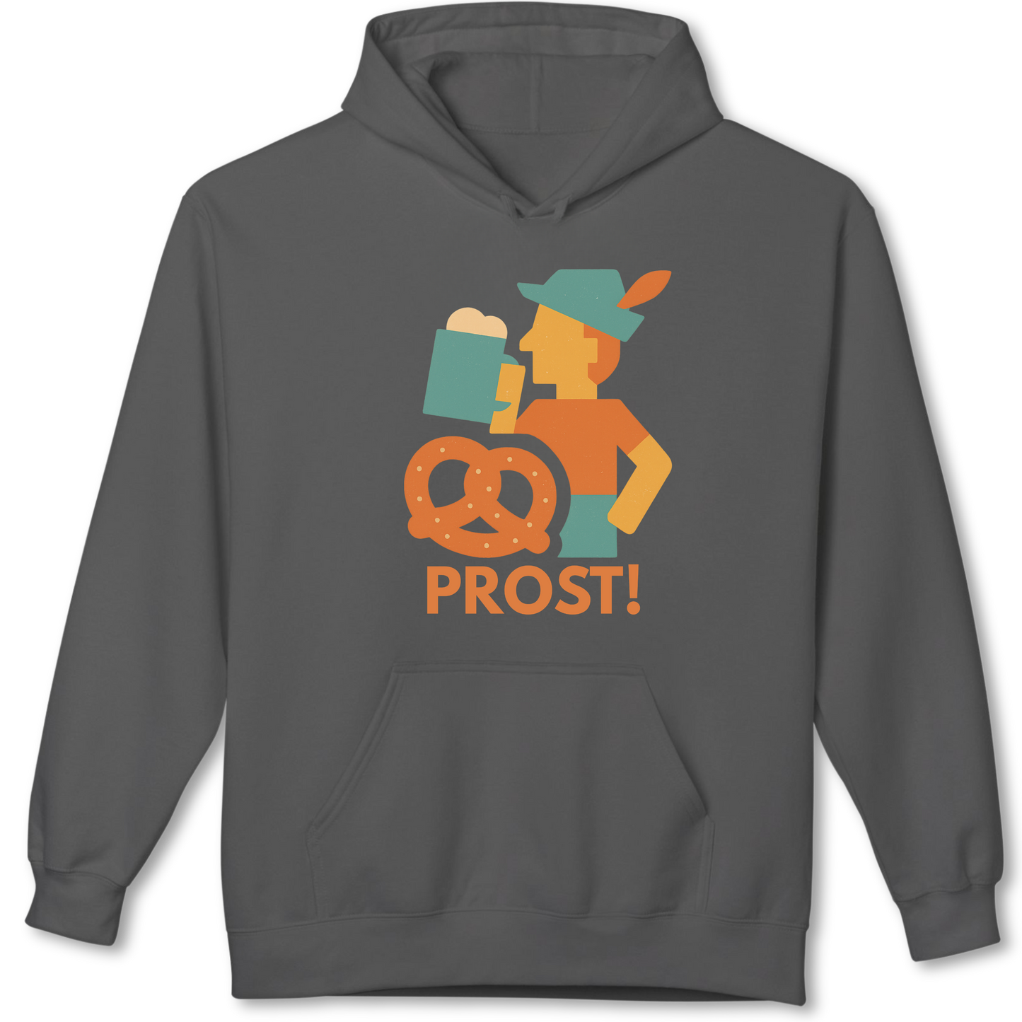 Dark gray hoodie with a graphic of a person holding a pretzel and beer mug, and the word 'PROST!' on a white background.