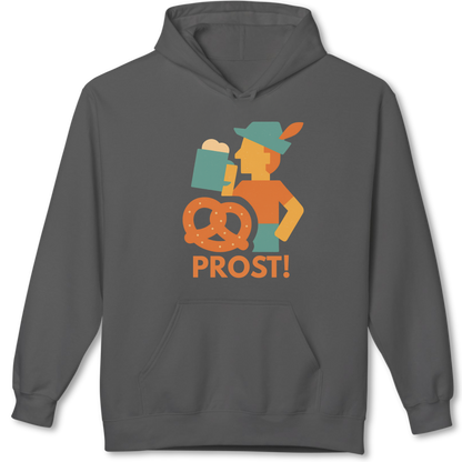 Dark gray hoodie with a graphic of a person holding a pretzel and beer mug, and the word 'PROST!' on a white background.