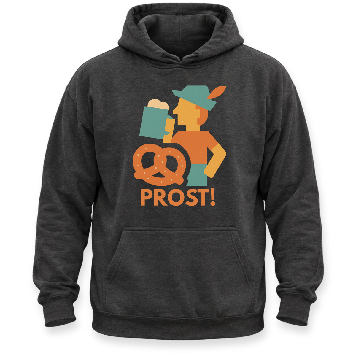 A dark charcoal gray hoodie featuring a colorful graphic of a beer glass, a pretzel, and a person with the text 'PROST!' printed on the chest, set against a plain white background.