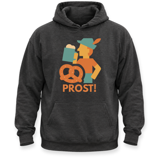A dark charcoal gray hoodie featuring a colorful graphic of a beer glass, a pretzel, and a person with the text 'PROST!' printed on the chest, set against a plain white background.