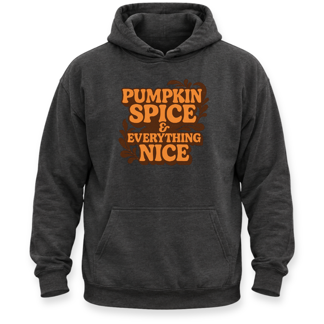 A dark charcoal gray pullover hoodie with a front kangaroo pocket and a graphic print on the chest that reads 'PUMPKIN SPICE & EVERYTHING NICE' in orange lettering with autumn leaf accents, shown on a plain white background.