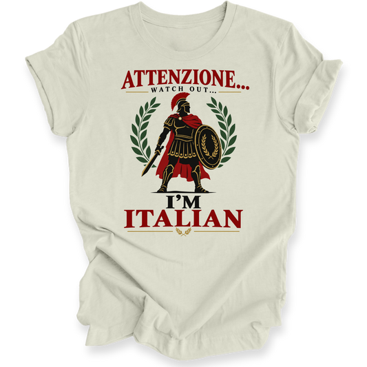 An off-white t-shirt with a graphic print of a Roman soldier and the text 'ATTENZIONE.