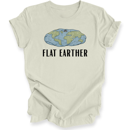 A light beige crewneck t-shirt with a graphic of a blue and green flat earth map and the text 'FLAT EARTHER' printed in black below it, displayed on a clean white background.